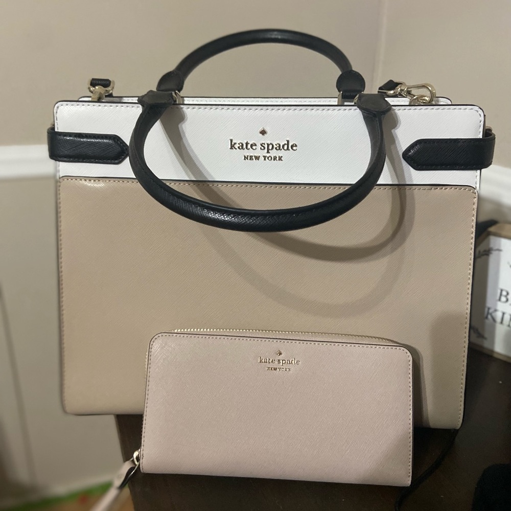 Taupe & white Kate Spade purse & wallet.